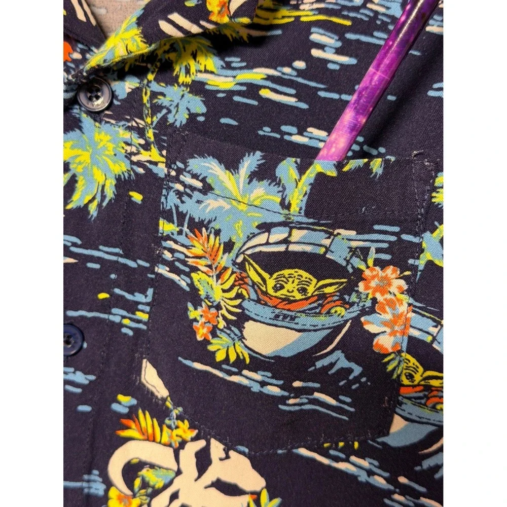 Star Wars Mandalorian Grogu Baby Yoda Hawaiian Shirt Navy Blue Mens Small SM P C